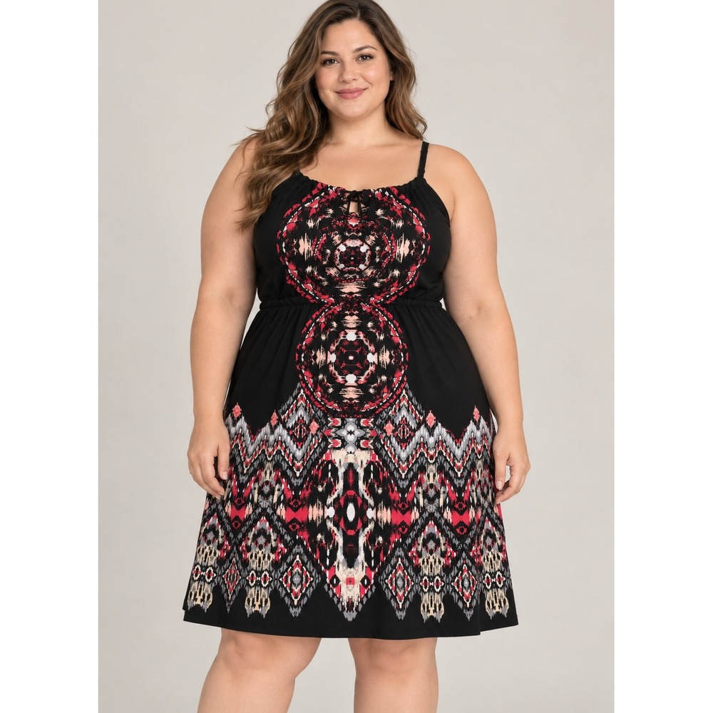 Black Pink Geometric Medallion Print Sleeveless Empire Waist Sundress Plus Size